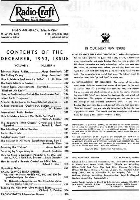 December 1933 Radio Craft Table of Contents - RF Cafe