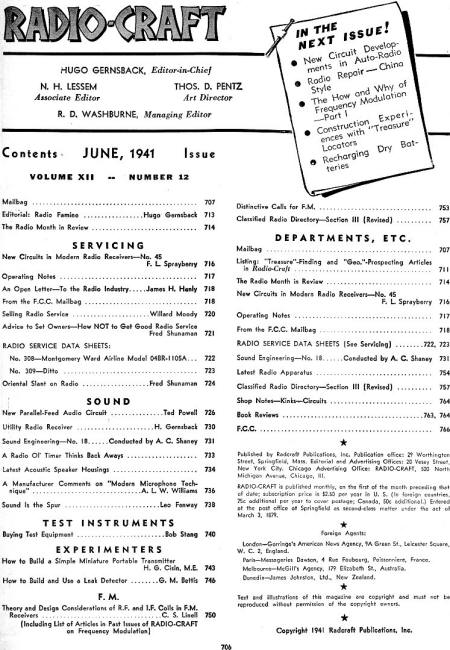 June 1941 Radio Craft Table of Contents - RF Cafe