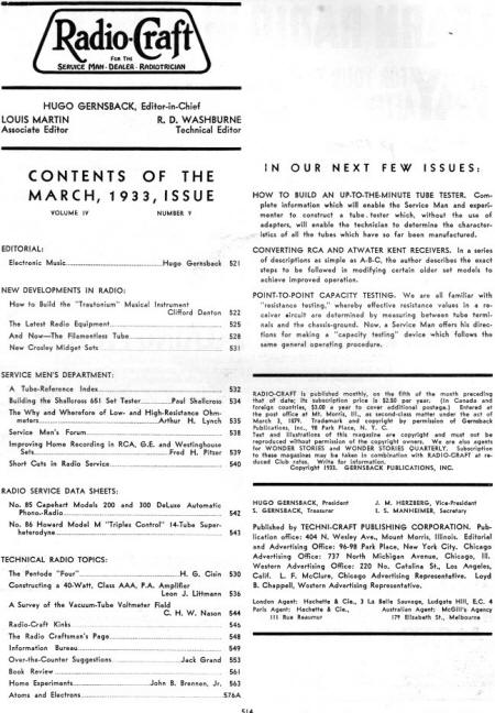 March 1933 Radio Craft Table of Contents - RF Cafe