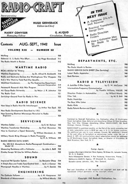 September 1942 Radio Craft Table of Contents - RF Cafe