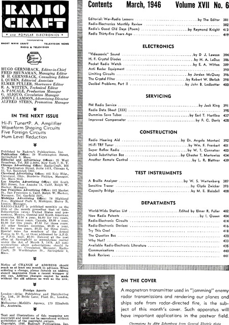 March 1946 Radio Craft Table of Contents - RF Cafe
