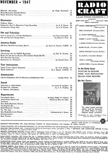 November 1947 Radio Craft Table of Contents - RF Cafe