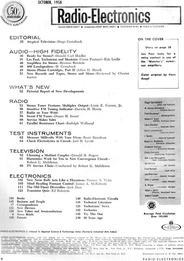 October 1958 Radio-Electronics Table of Contents - RF Cafe
