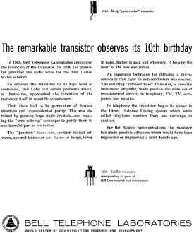 The Remarkable Transistor Observes its 10th Birthday - Bell Telephone Laboratories Advertisement, June 1958 Radio-Electronics - RF Cafe