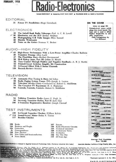 February 1958 Radio-Electronics Table of Contents - RF Cafe