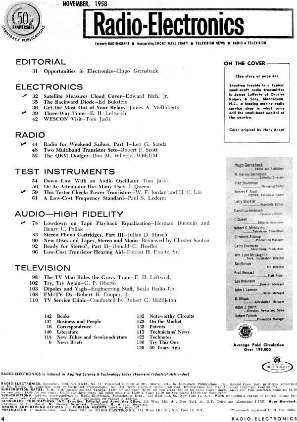 November 1958 Radio-Electronics Table of Contents - RF Cafe