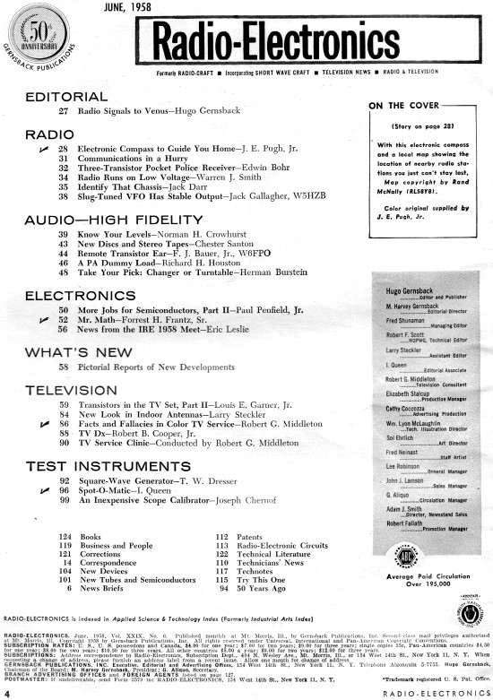 June 1958 Radio-Electronics Table of Contents - RF Cafe