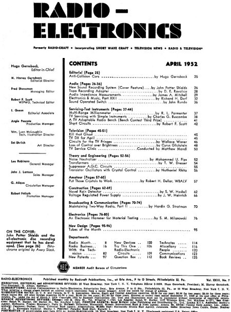 April 1952 Radio-Electronics Table of Contents - RF Cafe