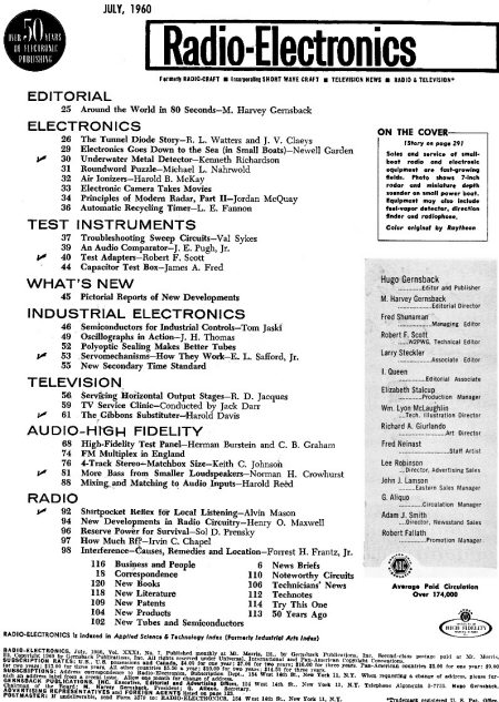 July 1960 Radio-Electronics Table of Contents - RF Cafe