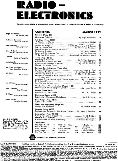 March 1952 Radio-Electronics Table of Contents - RF Cafe