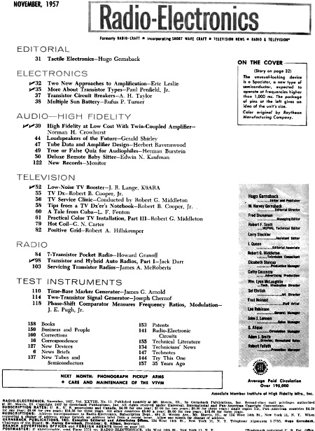 November 1957 Radio-Electronics Table of Contents - RF Cafe