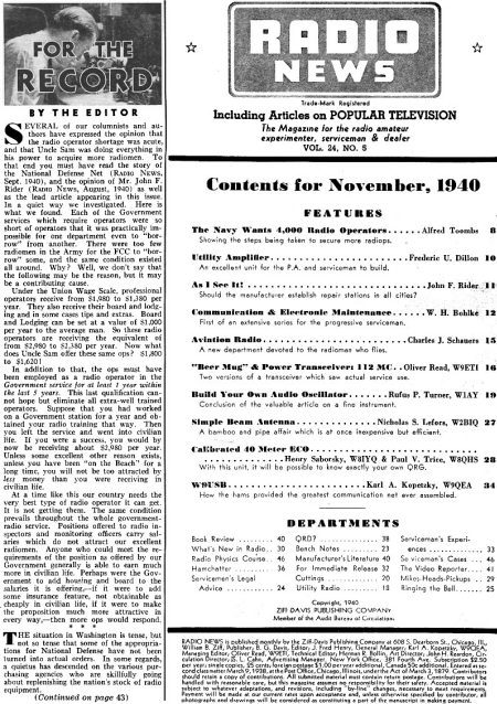 November 1940 Radio News Table of Contents - RF Cafe
