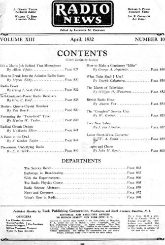 April 1932 Radio News Table of Contents - RF Cafe