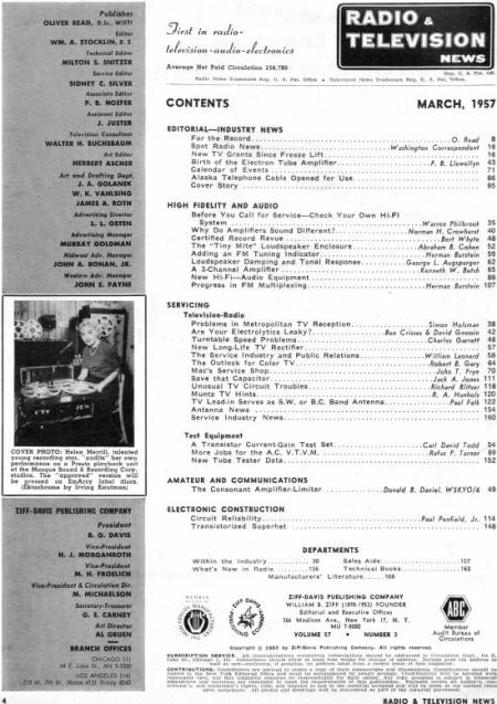 March 1957 Radio News Table of Contents - RF Cafe