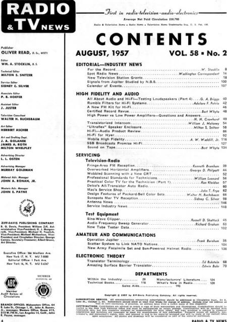 August 1957 Radio & Television News Table of Contents - RF Cafe