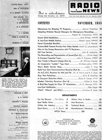 November 1948 Radio & Television News Table of Contents - RF Cafe