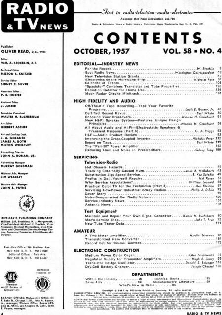 October 1957 Radio & TV News Table of Contents - RF Cafe