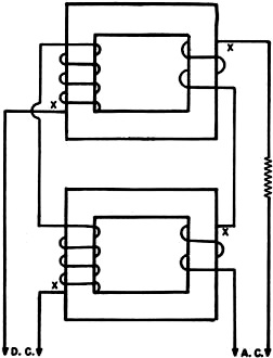 Terminal connections of saturable reactor using two separate transformer cores - RF Cafe