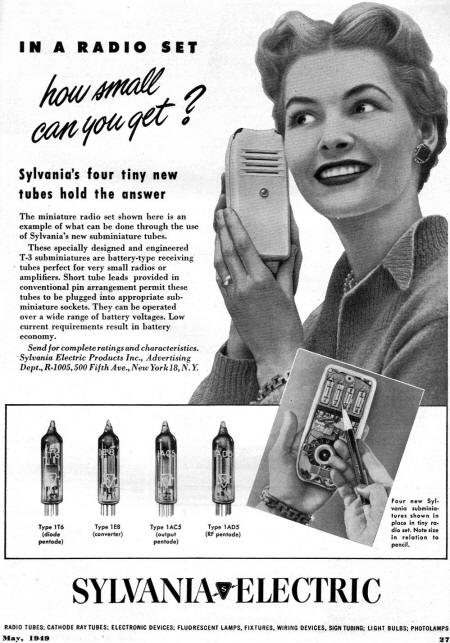 Sylvania Electric Peanut Tube Transistor Radio Advertisement, May 1949 Radio & Television News - RF Cafe