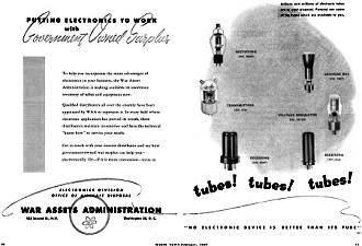 War Assets Administration Advertisement (Vacuum Tubes), February 1947 Radio News - RF Cafe