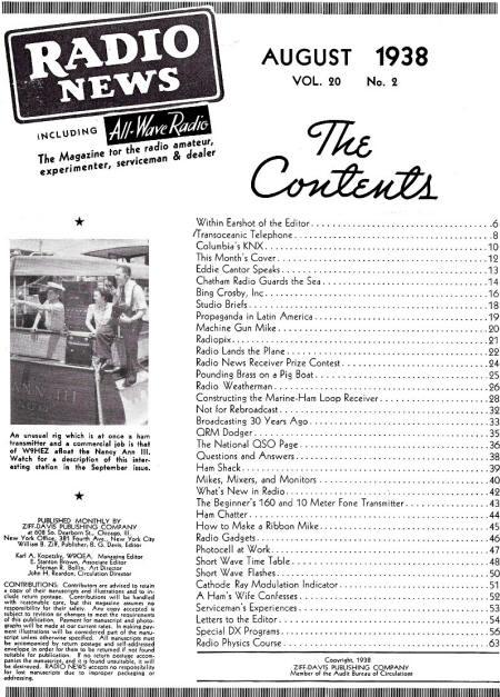August 1938 Radio News Table of Contents - RF Cafe