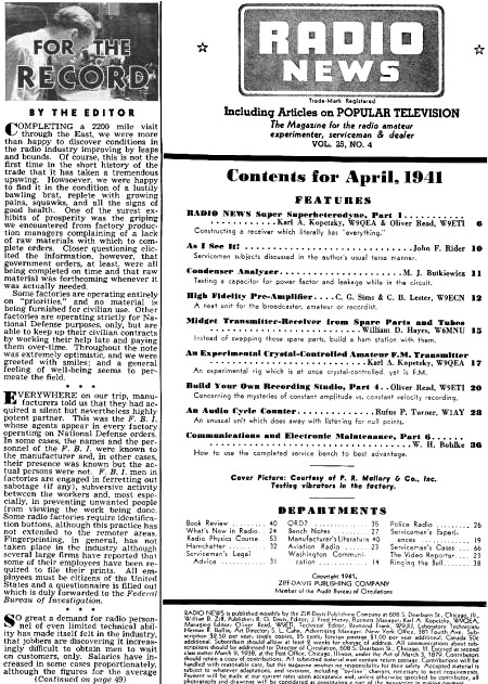 April 1941 Radio News Table of Contents - RF Cafe