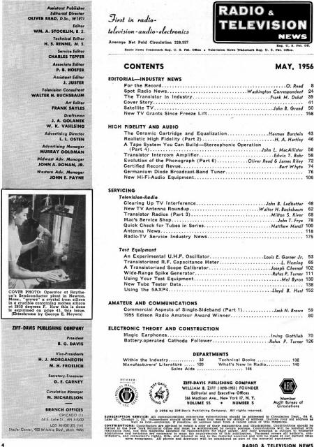 May 1956 Radio & Television News Table of Contents - RF Cafe