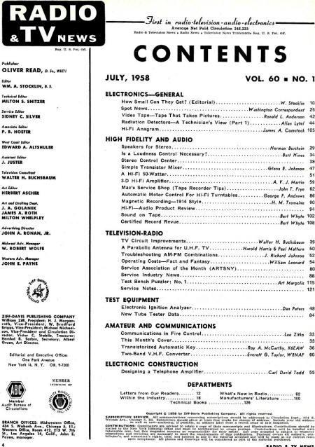 July 1958 Radio & TV News Table of Contents - RF Cafe