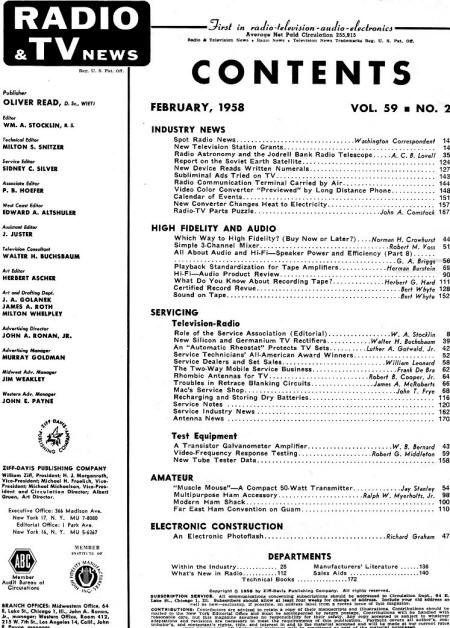 February 1958 Radio & TV News Table of Contents - RF Cafe