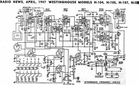 Westinghouse Models H-104, H-105, H-107, H-108 Schematic, April 1947 Radio News - RF Cafe