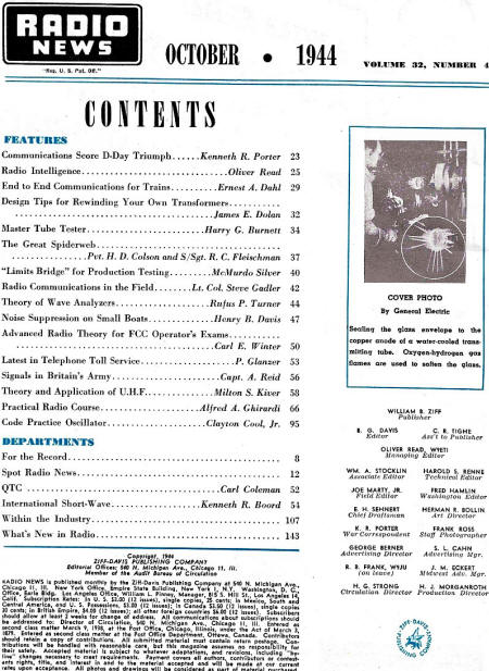 October 1944 Radio News Table of Contents - RF Cafe