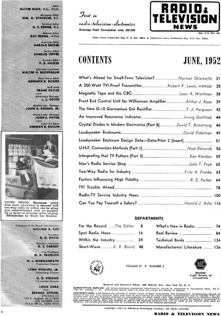 June 1952 Radio & Television News Table of Contents - RF Cafe