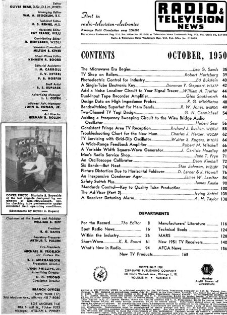 October 1950 Radio & Television News Table of Contents - RF Cafe