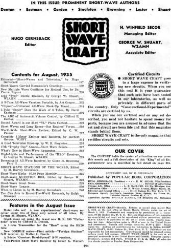 August 1935 Short Wave Craft Table of Contents - RF Cafe