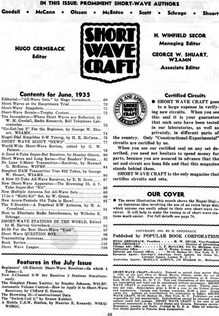 June 1935 Short Wave Craft Table of Contents - RF Cafe