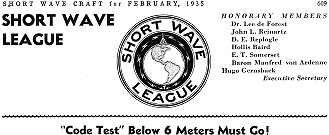 Short Wave League: Code Test Below 6 Meter Must Go!, February 1935 Short Wave Craft - RF Cafe