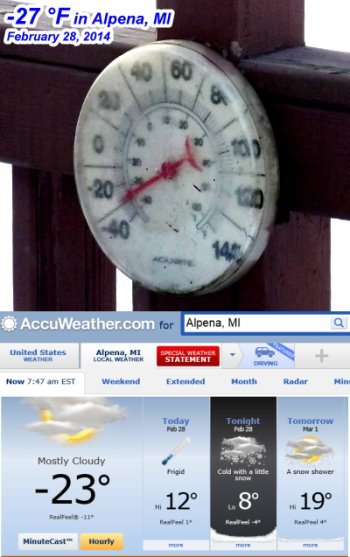 -27 °F in Alpena, Michigan, February 28, 2014 - RF Cafe