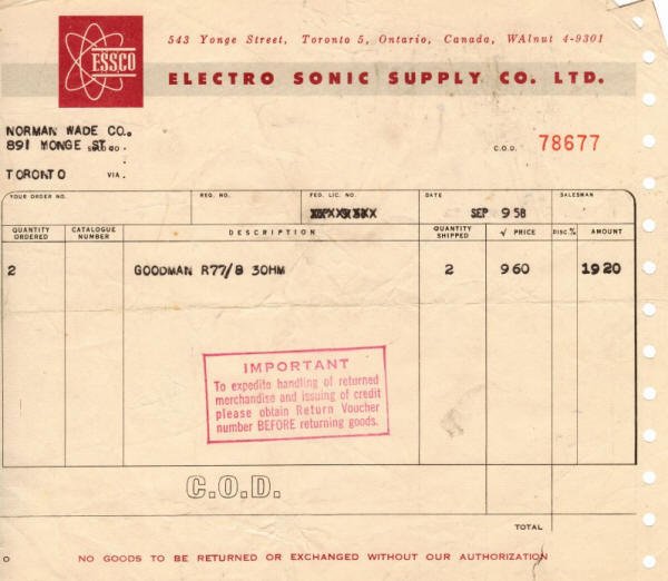 Electro Sonic Supply Co. Ltd. C.O.D. invoice from 1958 - RF Cafe