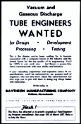 Raytheon Manufacturing Company Needs Vacuum Tube Engineers, July 1944 QST - RF Cafe