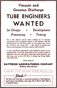 Raytheon Manufacturing Company Needs Vacuum Tube Engineers, July 1944 QST - RF Cafe