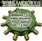 Werbel Microwave WMRD09-7.2-S 9-Way Resistive Power Splitter for DC-7.2 GHz - RF Cafe