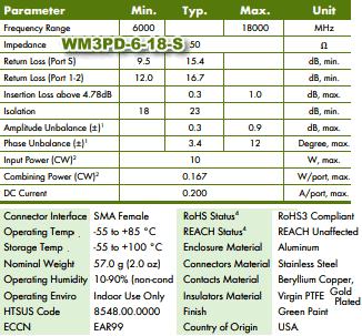 Werbel Microwave WM3PD-6-18-S, 3-Way Power DividerSpecifications - RF Cafe