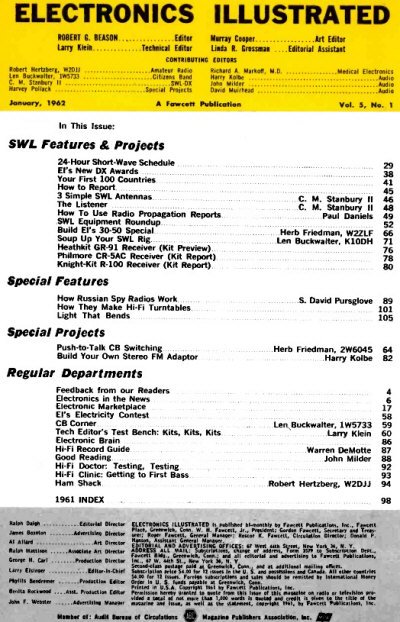 January 1962 Electronics Illustrated Table of Contents - RF Cafe Website
