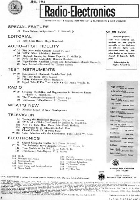 April 1958 Radio-Electronics Table of Contents - RF Cafe