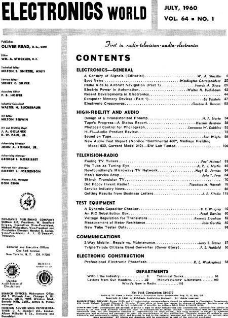 July 1960 Electronics World Table of Contents - RF Cafe