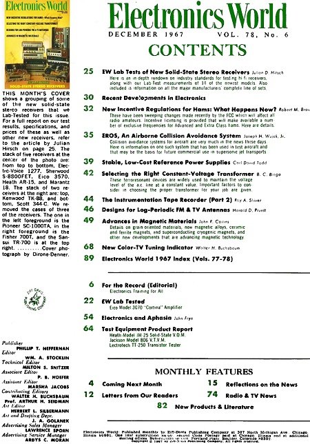 December 1967 Electronics World Table of Contents - RF Cafe