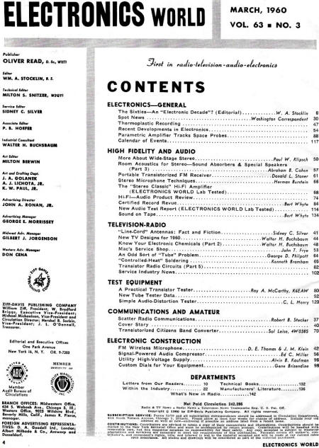 March 1960 Electronics World Table of Contents - RF Cafe