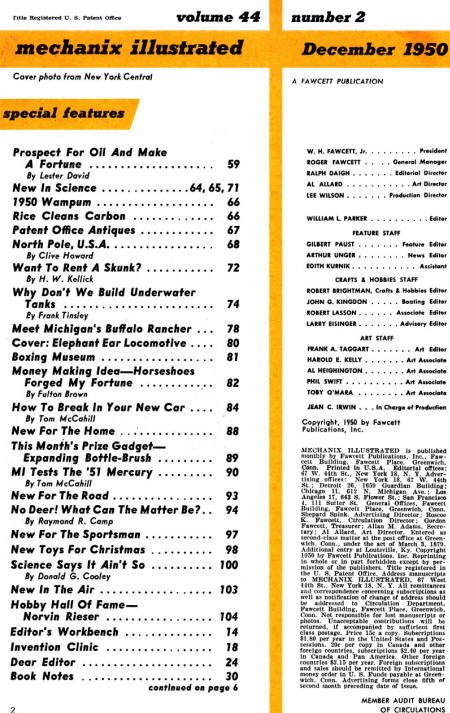 December 1950 Mechanix Illustrated Table of Contents - RF Cafe