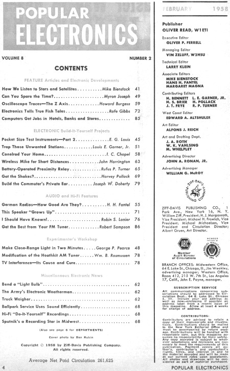February 1958 Popular Electronics Table of Contents - RF Cafe