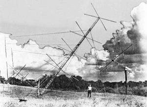 Corner reflector, two four-element yagis mounted at angles and a five-element yagi - RF Cafe